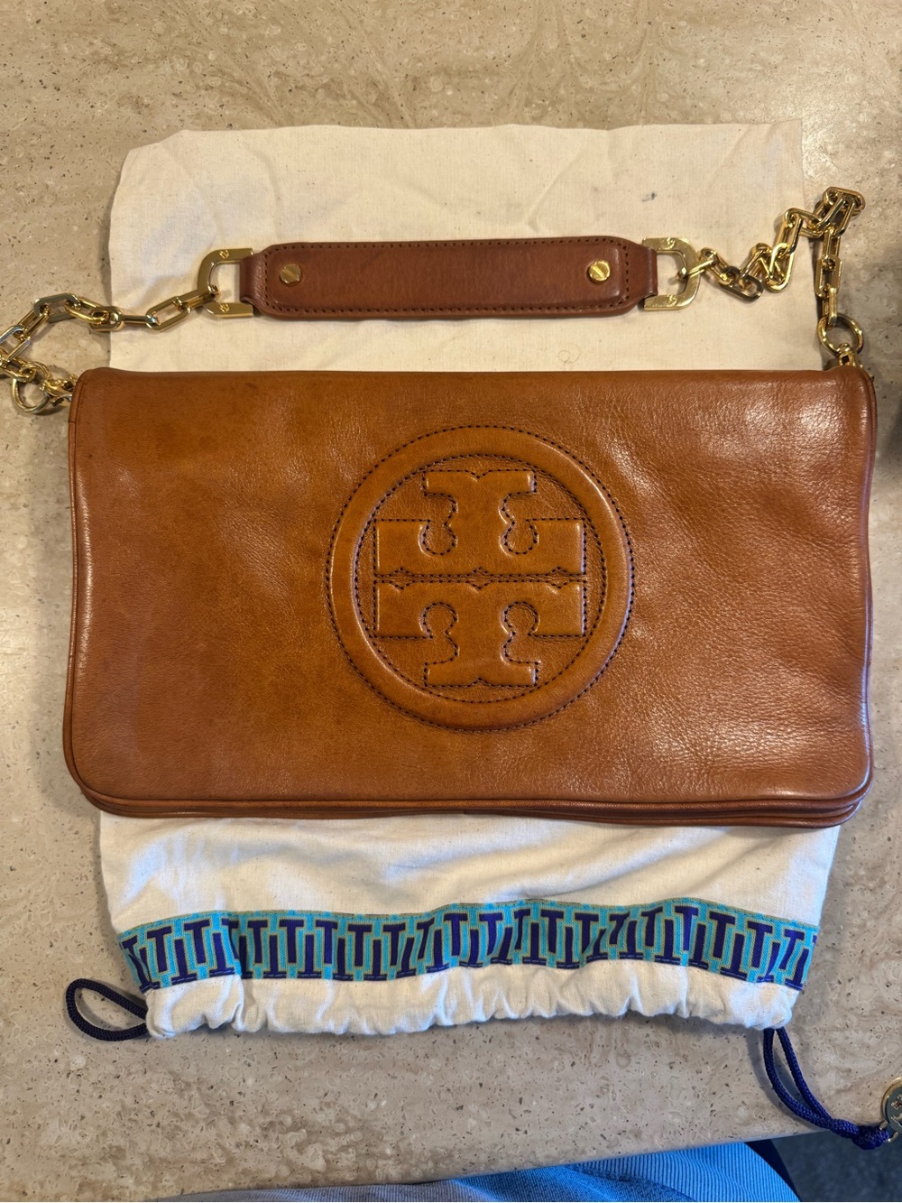 Tory Burch Cognac Leather Fold over Clutch Chain Bag